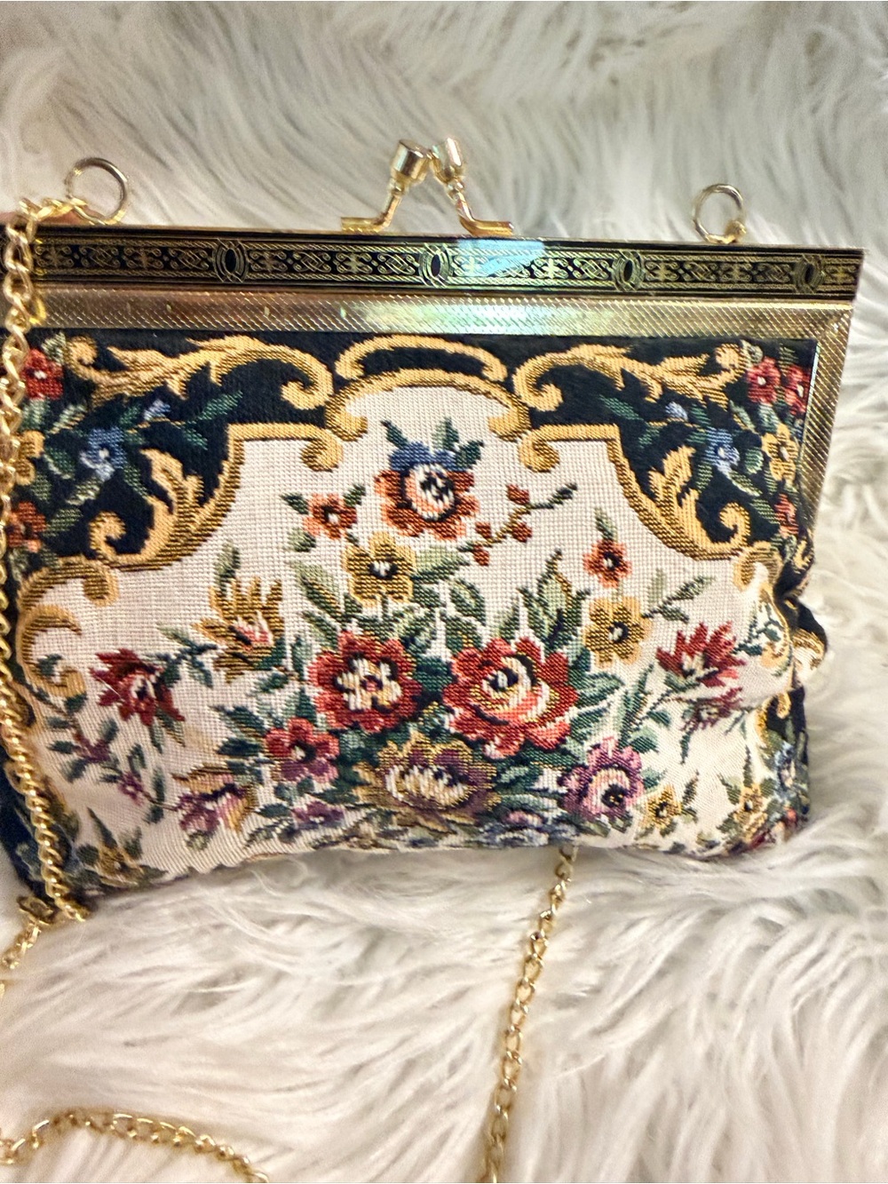 Floral Tapestry Clutch Purse Gold Chain Victorian Style Evening Bag